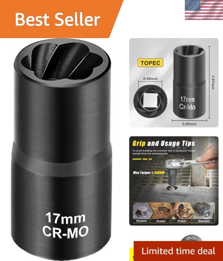 17mm Hand Tool Lug Nut Extractor, Black Phosphate Coated for Maximum Durability