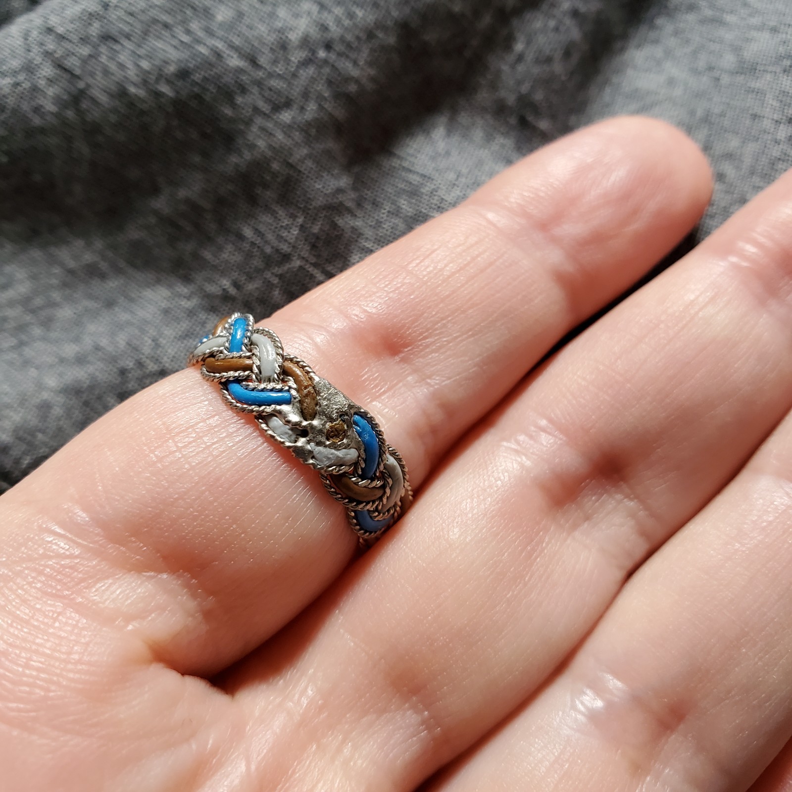 Handmade Upcycled Wire Ring, size 9.5 blue brown gray and silver