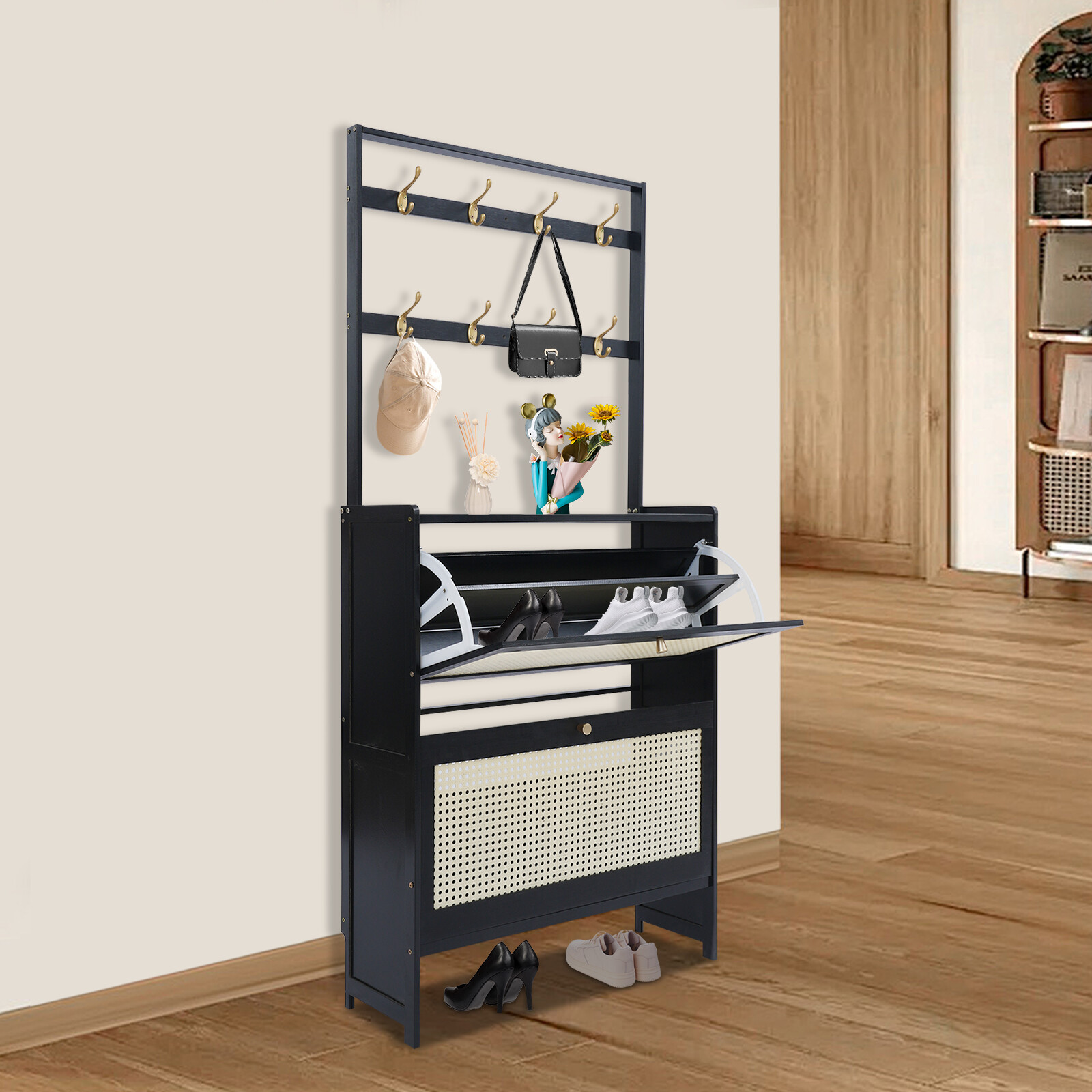 Bamboo Shoe Cabinet for Entryway Living Room, Flip Door Shoe Cabinet with Hooks