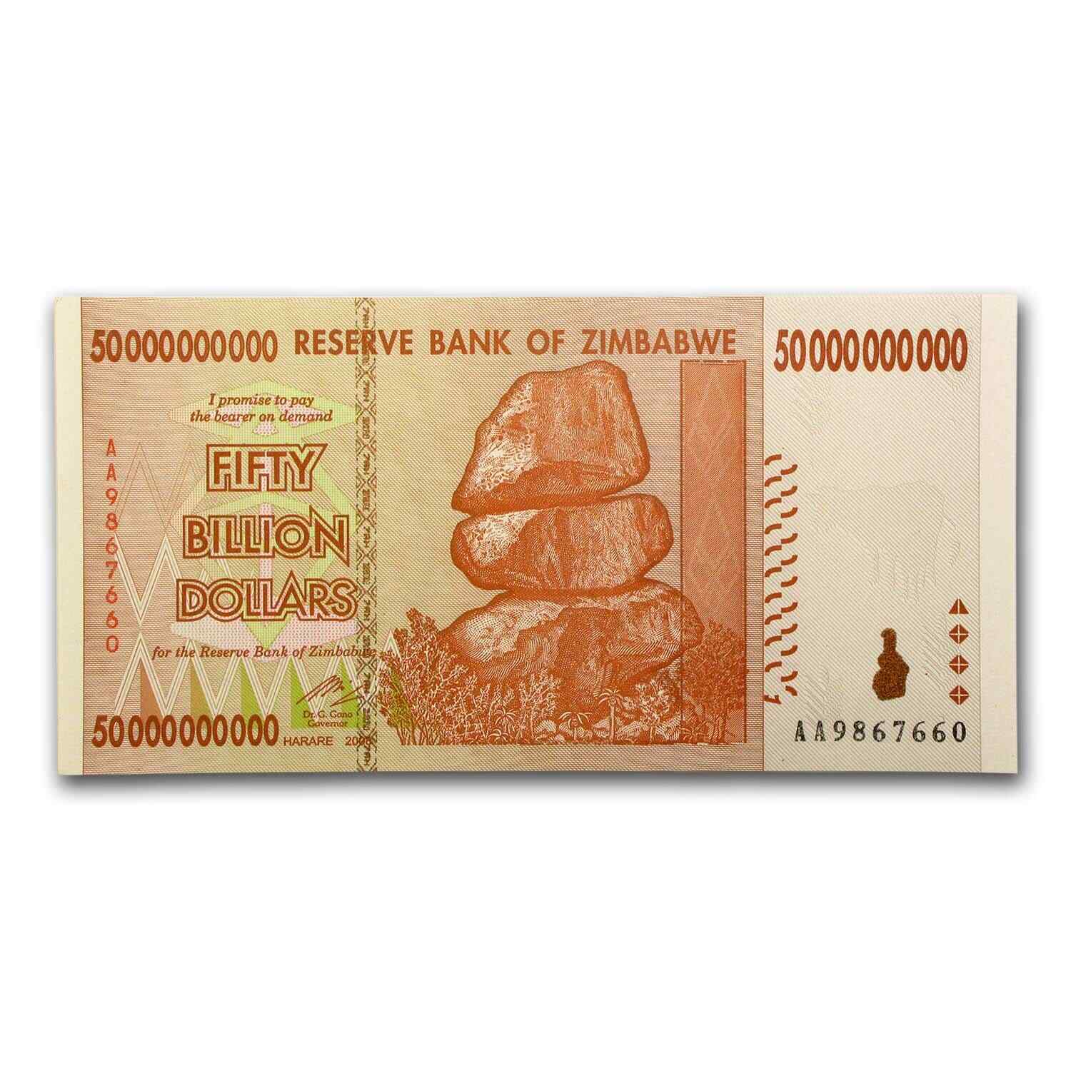 2008 Zimbabwe 50 Billion Dollars Rock Formation Fort Tower Unc