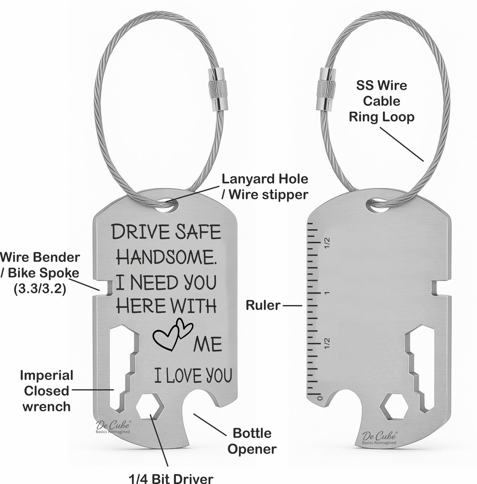 De Cube Drive Safe Handsome Keychain Multi Tool | 6-in-1 Stainless Silver