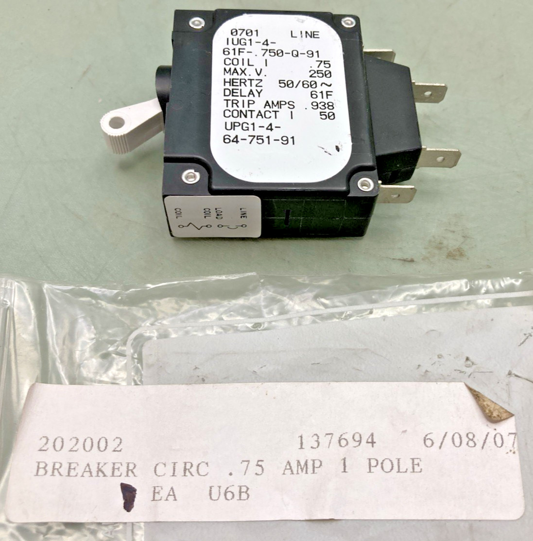 NEW REPLACES STOELTING 202002 CIRCUIT BREAKER .75 AMP 1 POLE