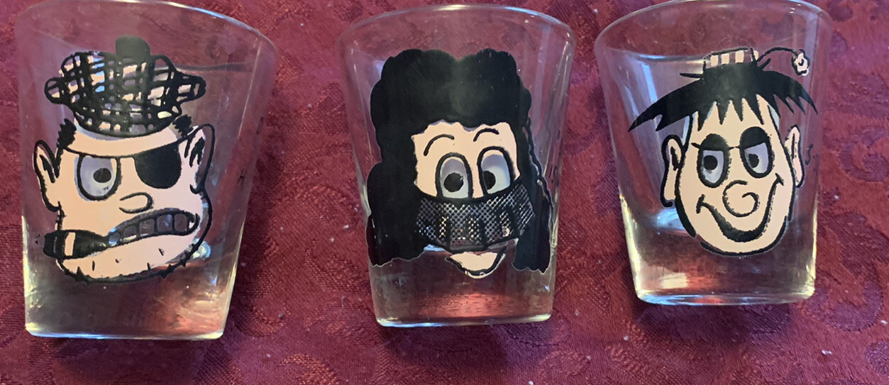 Vintage 1950’s Set Of 3 Printed Shot Glasses - “so-delightful” — cool !!