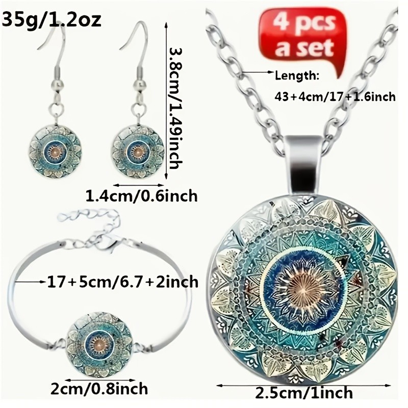 Necklace & Bracelet & Earrings 4pcs Set Mandala Flower Time Jewelry Set Vintage