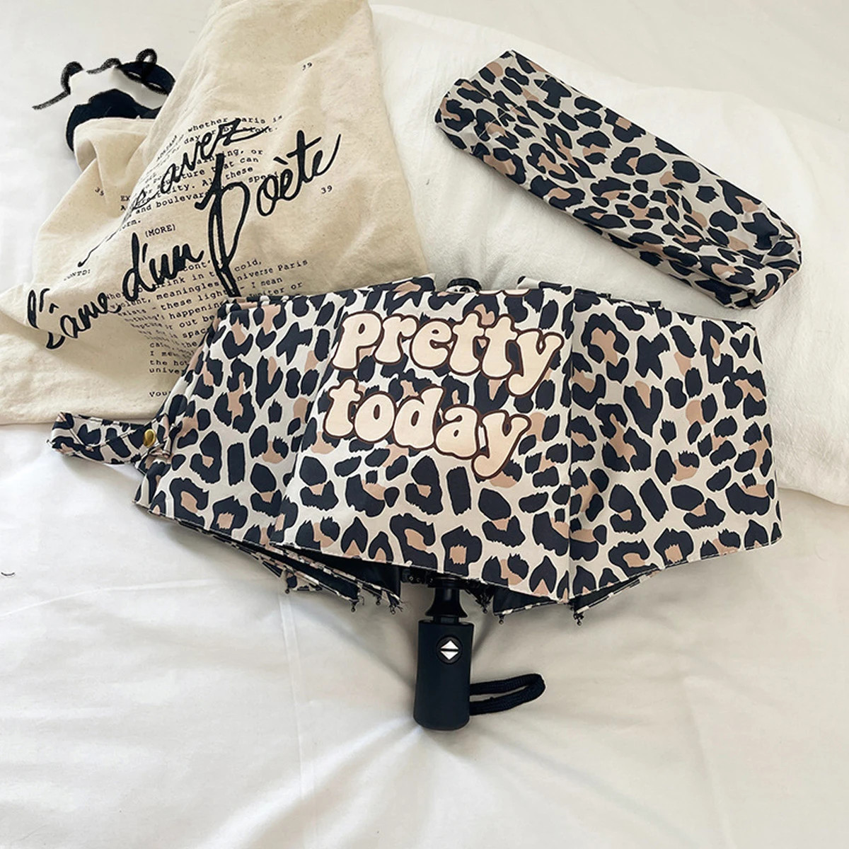 Leopard print retro fully automatic folding black rubber umbrella, women's sun p
