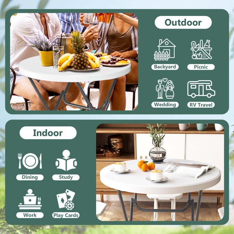 32" Outdoor Folding Portable Round Dining Table Picnic Table w/Thick Table Top