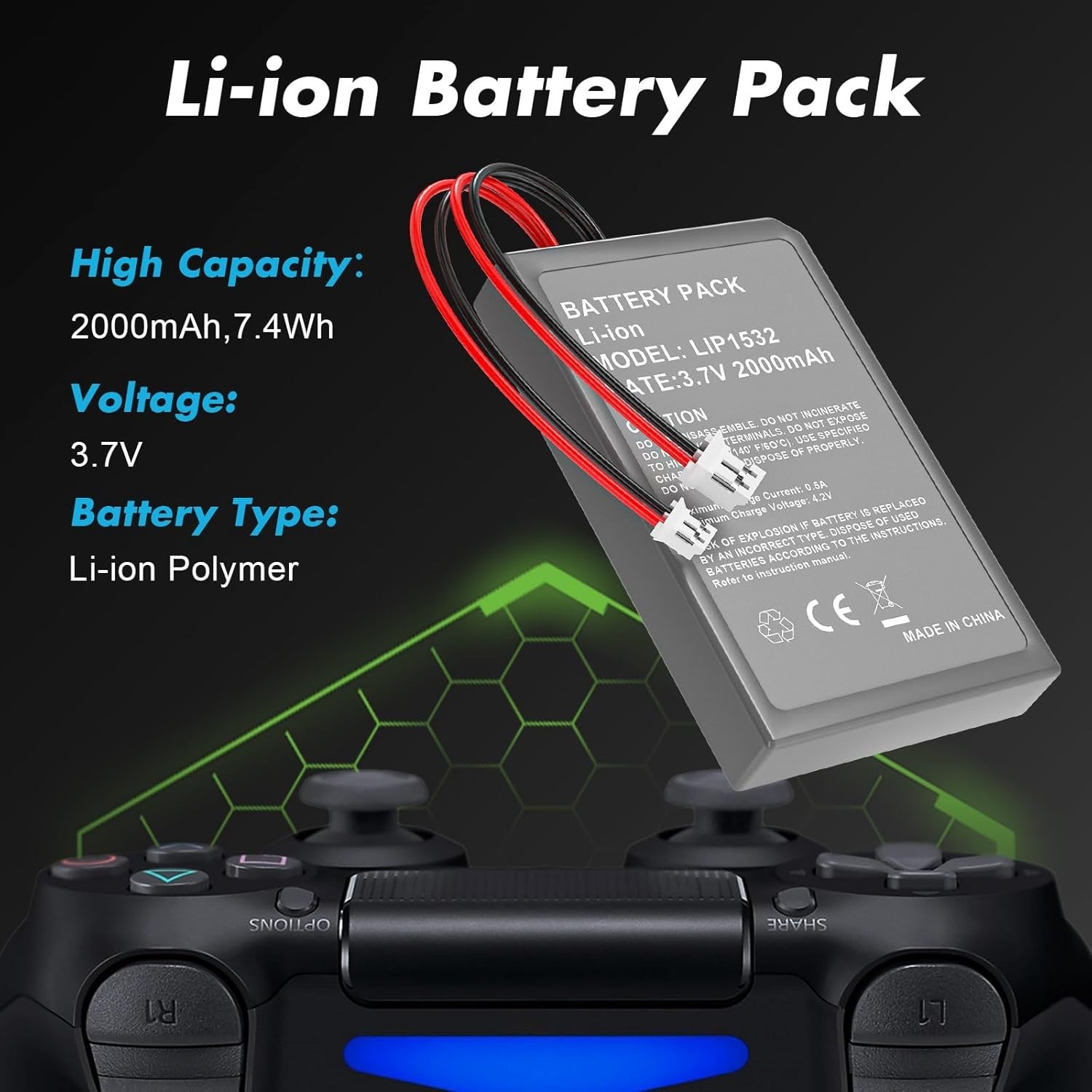 2 Pack 2000mAh Batteries for PS4Pro/PS4Slim Controller,Replacement Lithium Ba...