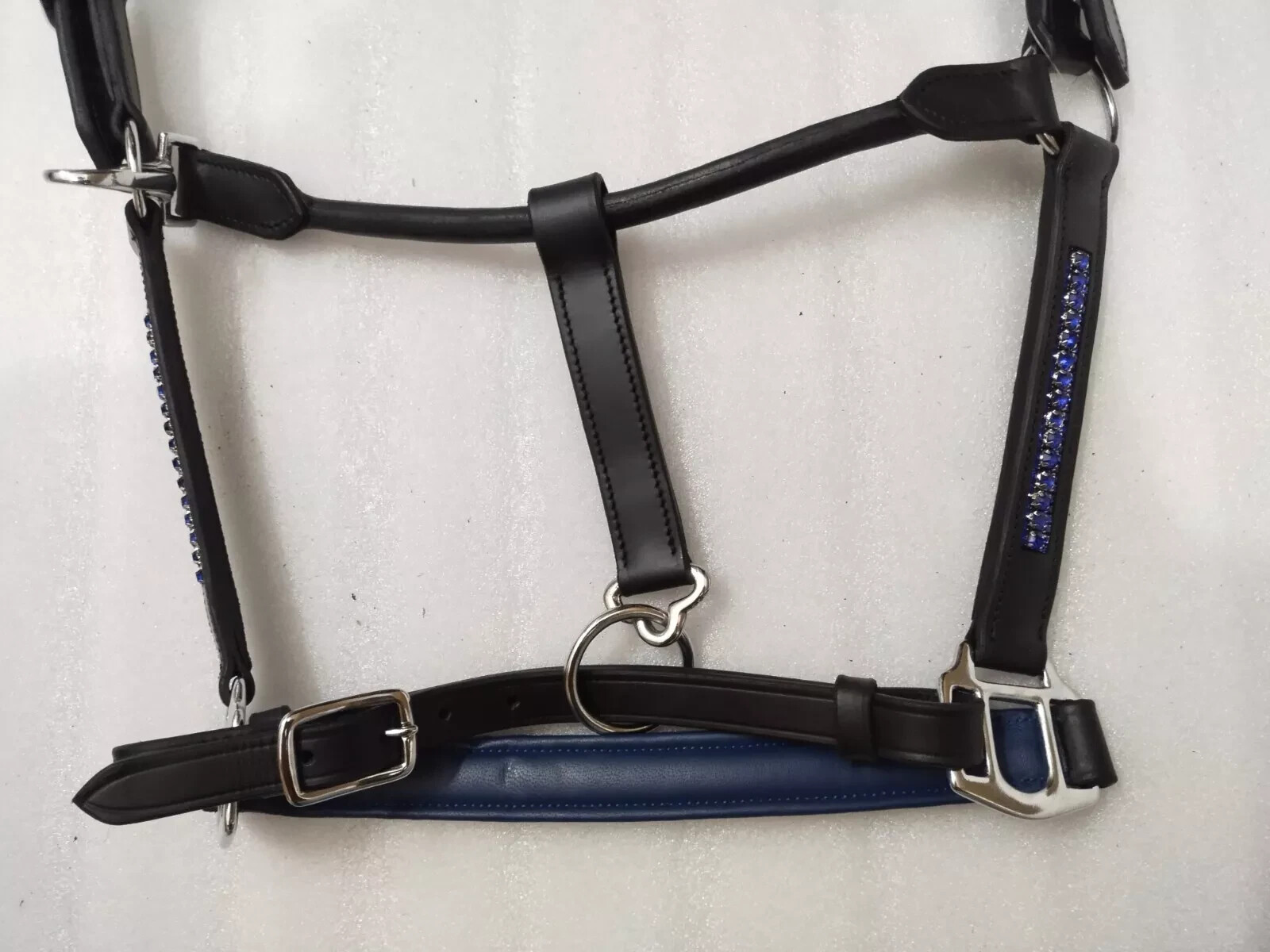 Three Row Blue Crystal & Blue Padding Premium Leather Horse Anatomic Halter.