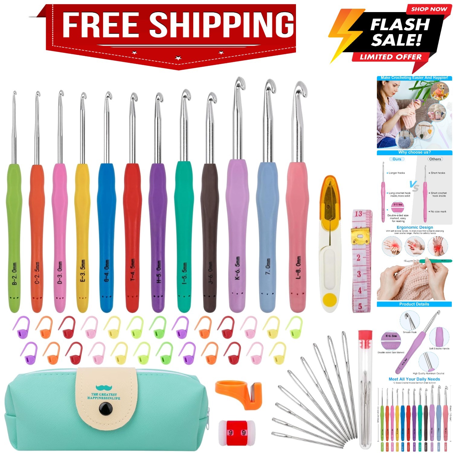 Crochet Hooks 12 Sizes Crochet Hook Set, 51 Pack Yarn Crochet Kit for Beginne...