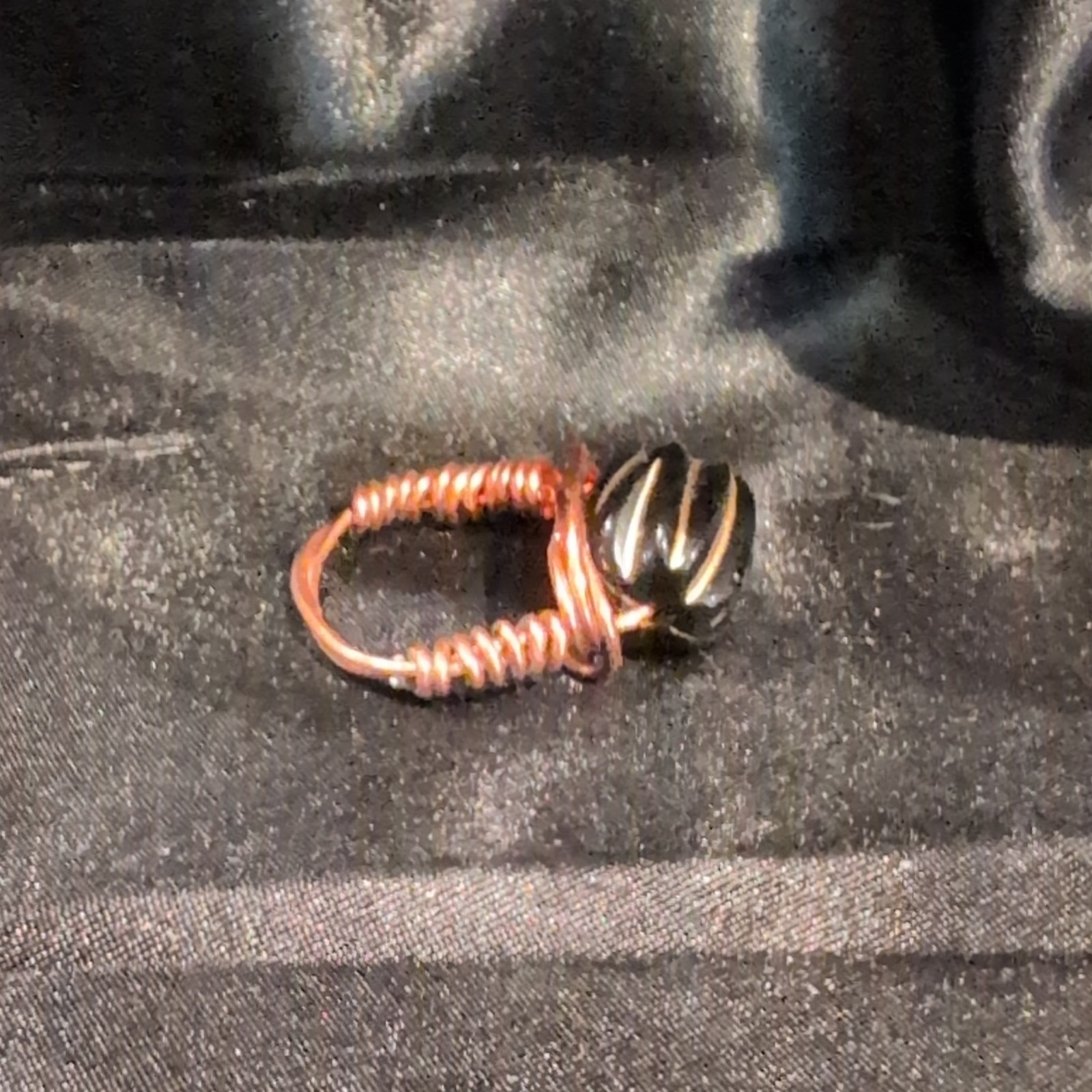 Handcrafted Copper Black Gold Round Stone Wire Wrapped Ring Size 6.5. #93