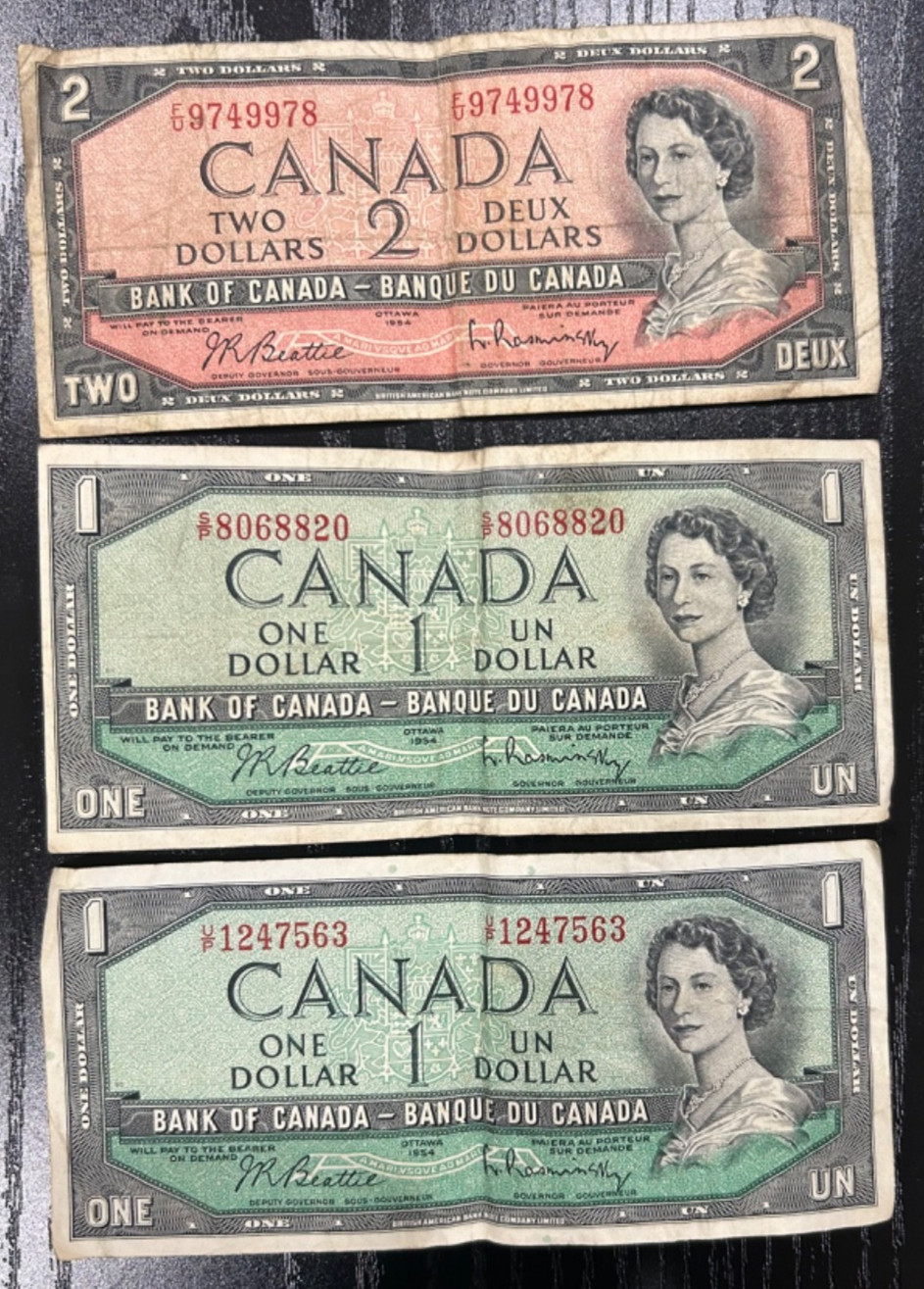 1954 Vintage Canada $2 Bill & $1 Bill Canadian Dollar Currency Lot of 3