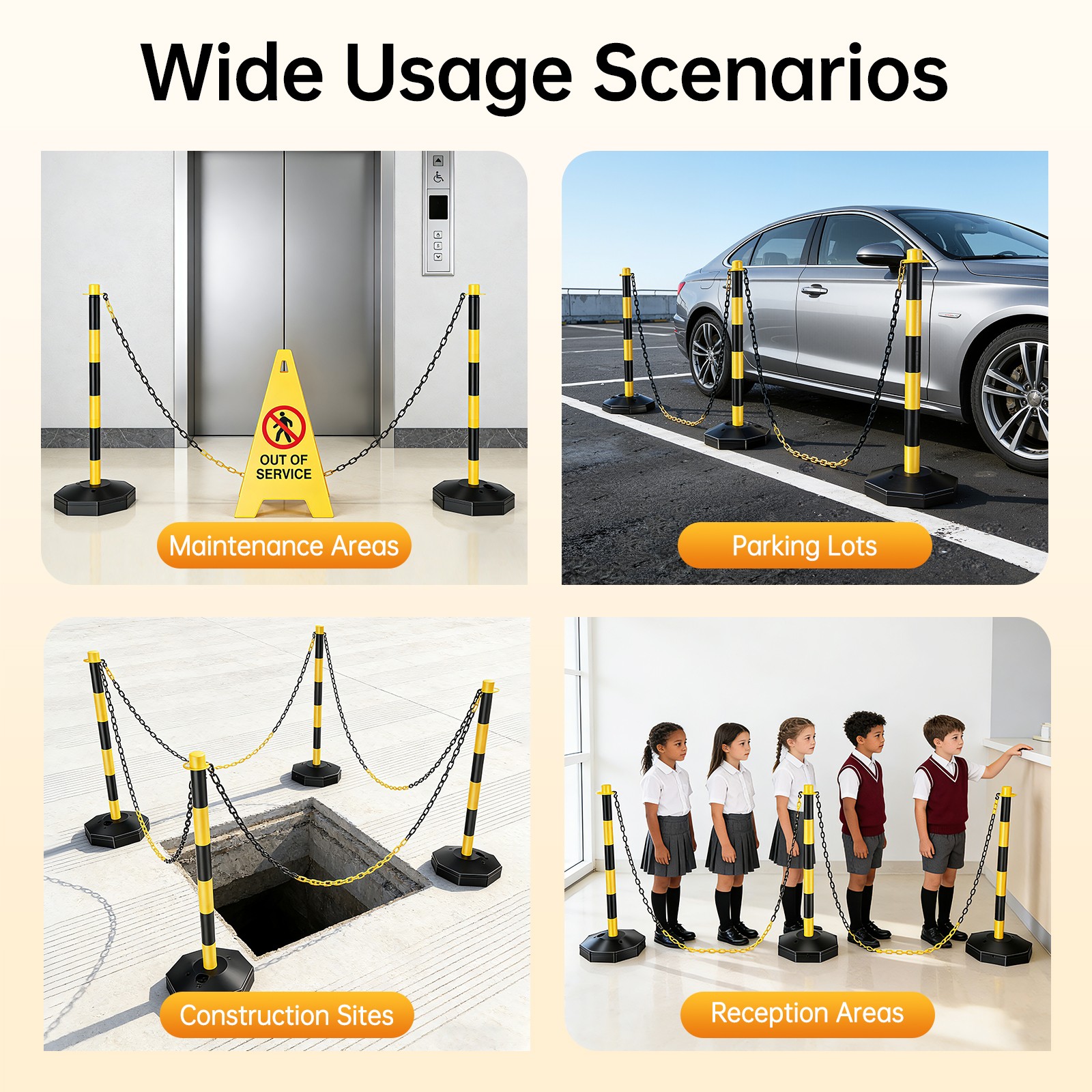6 Packs Portable Parking Pole 33.5Inch Adjustable Delineator Post With Chains US