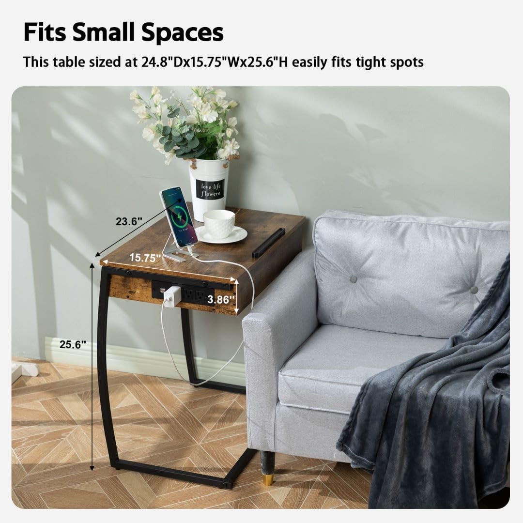 Hadulcet C Shaped End Table with Charging Station, 25.6", Rustic Brown