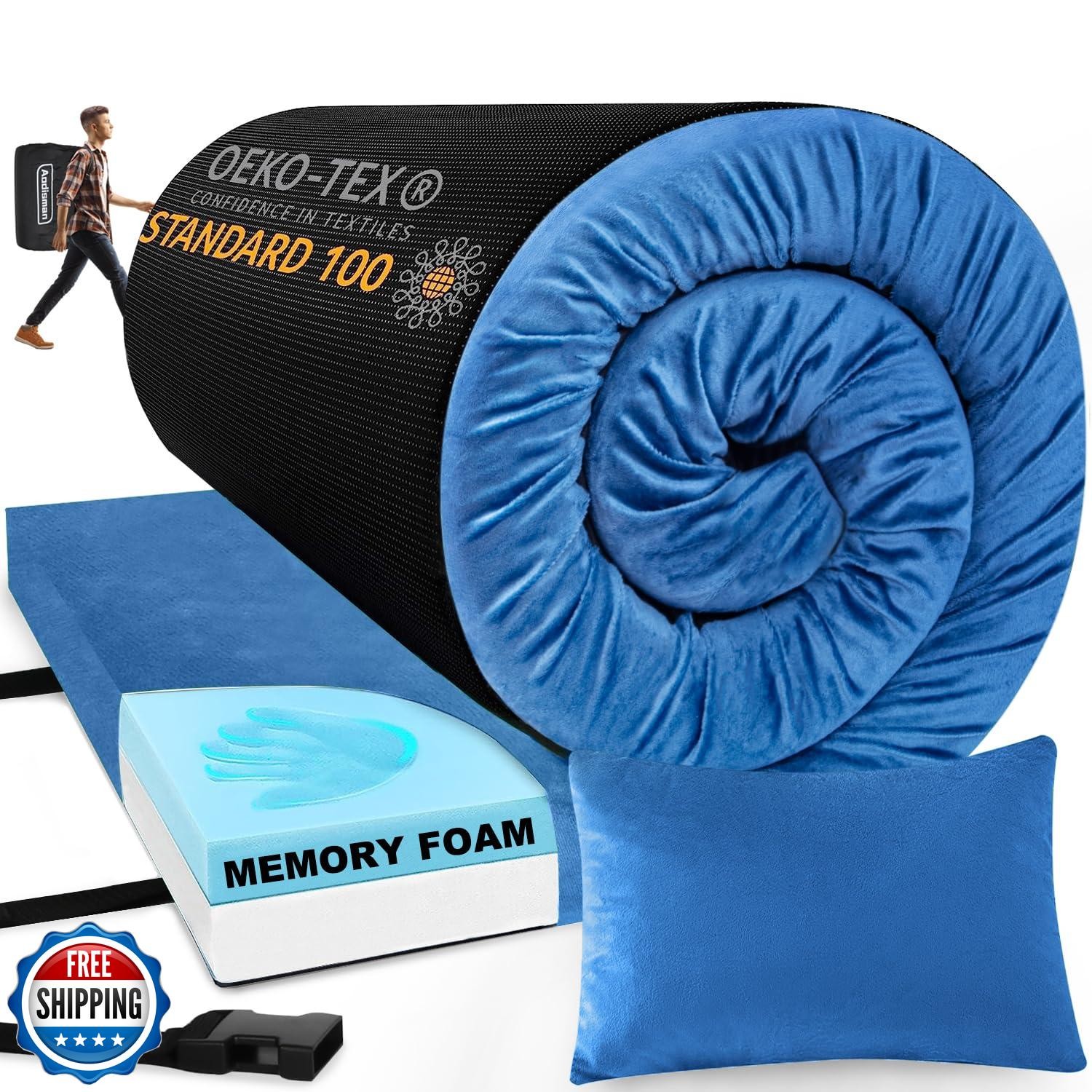 Aodisman Sleeping Pad,3-inch Thick Memory Foam Camping Mattress,Portable Roll
