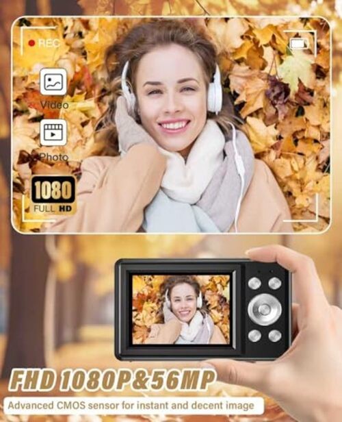 2025 New Digital Camera, 56MP FHD 1080P for Kids with 16x Digital Zoom Black