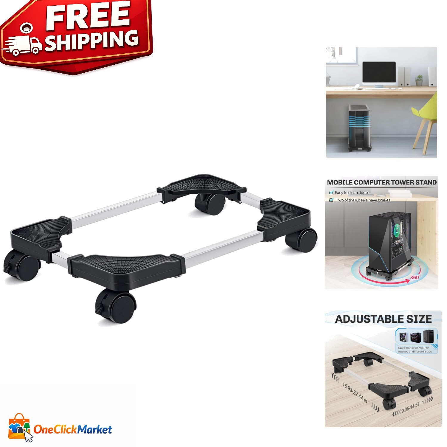 Sturdy Adjustable PC Tower Stand with 4 Wheels - Safe for Most Desktop Models