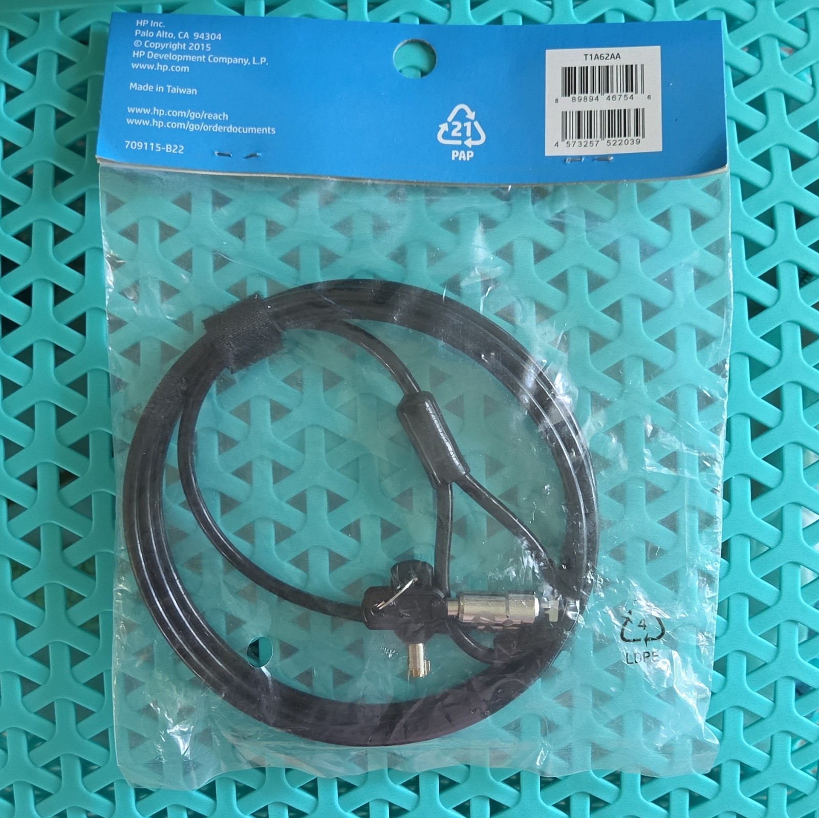 HP Keyed Cable Key Lock Black 10mm Height/Length/Width, MPN T1A62AA