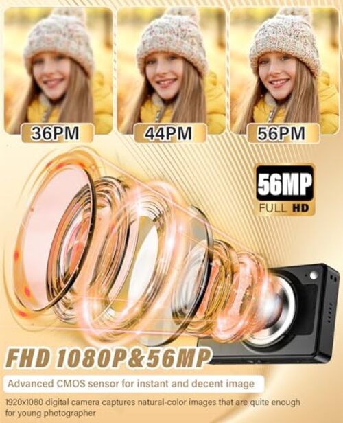 2025 New Digital Camera, 56MP FHD 1080P for Kids with 16x Digital Zoom Black