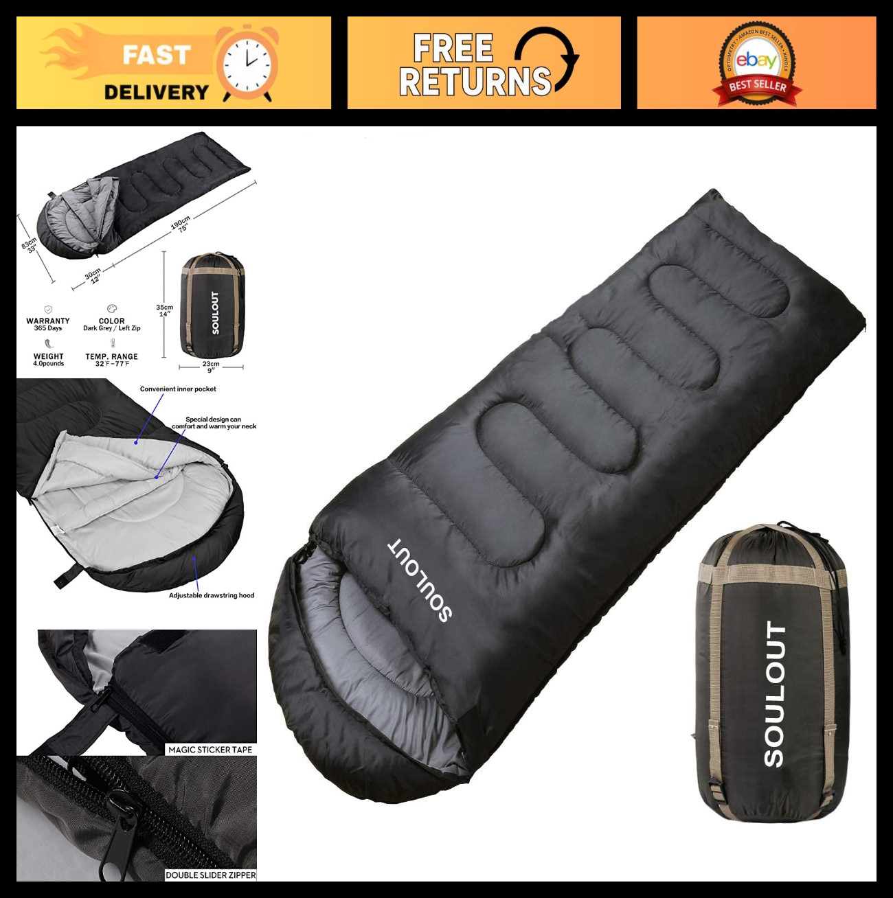 Lightweight 3-4 Season Sleeping Bag for Adults & Kids - Warm, Waterproof, Portab
