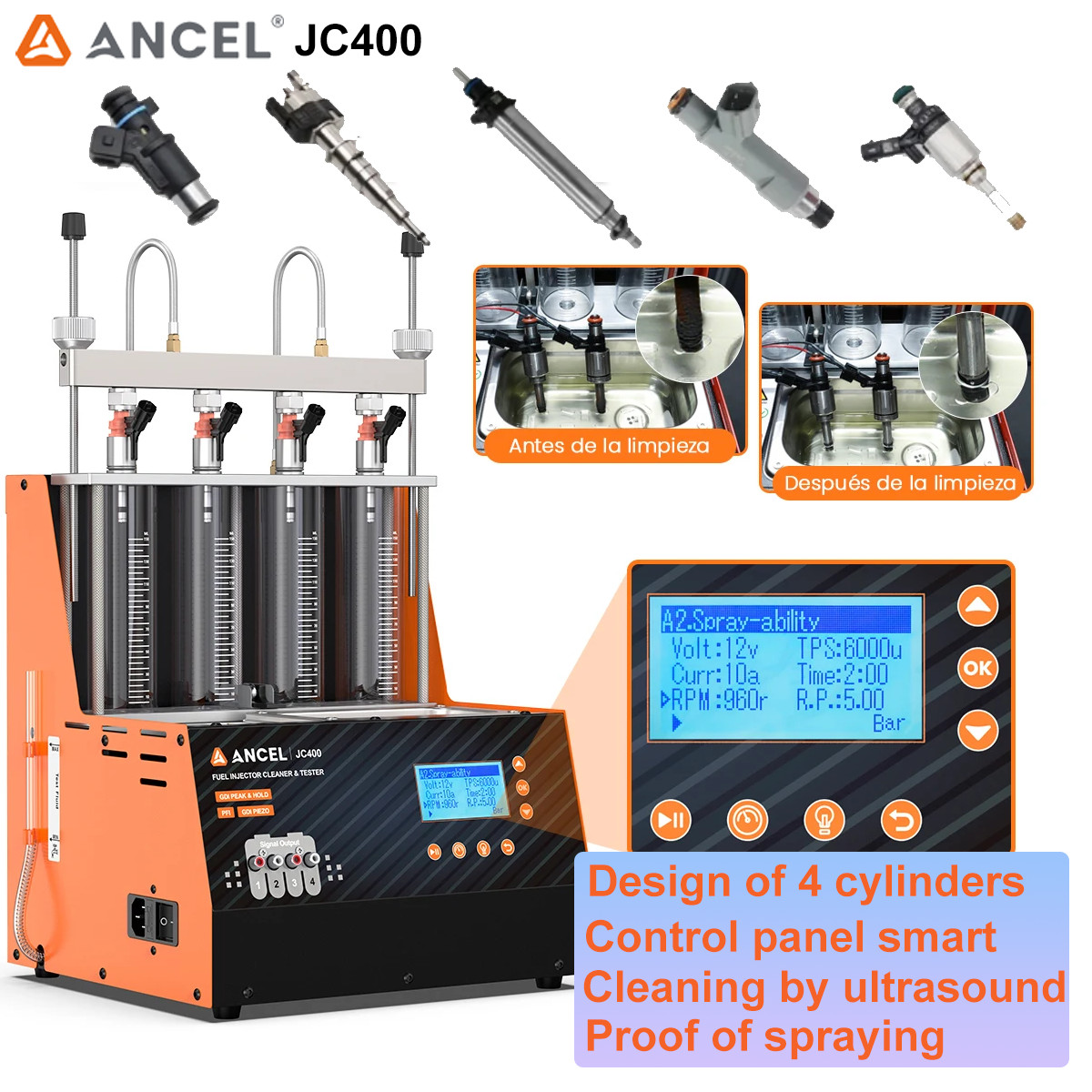 ANCEL JC400 Auto Fuel Injector Cleaner Tool 4 Cylinders Cleaning EFI FEI Spray