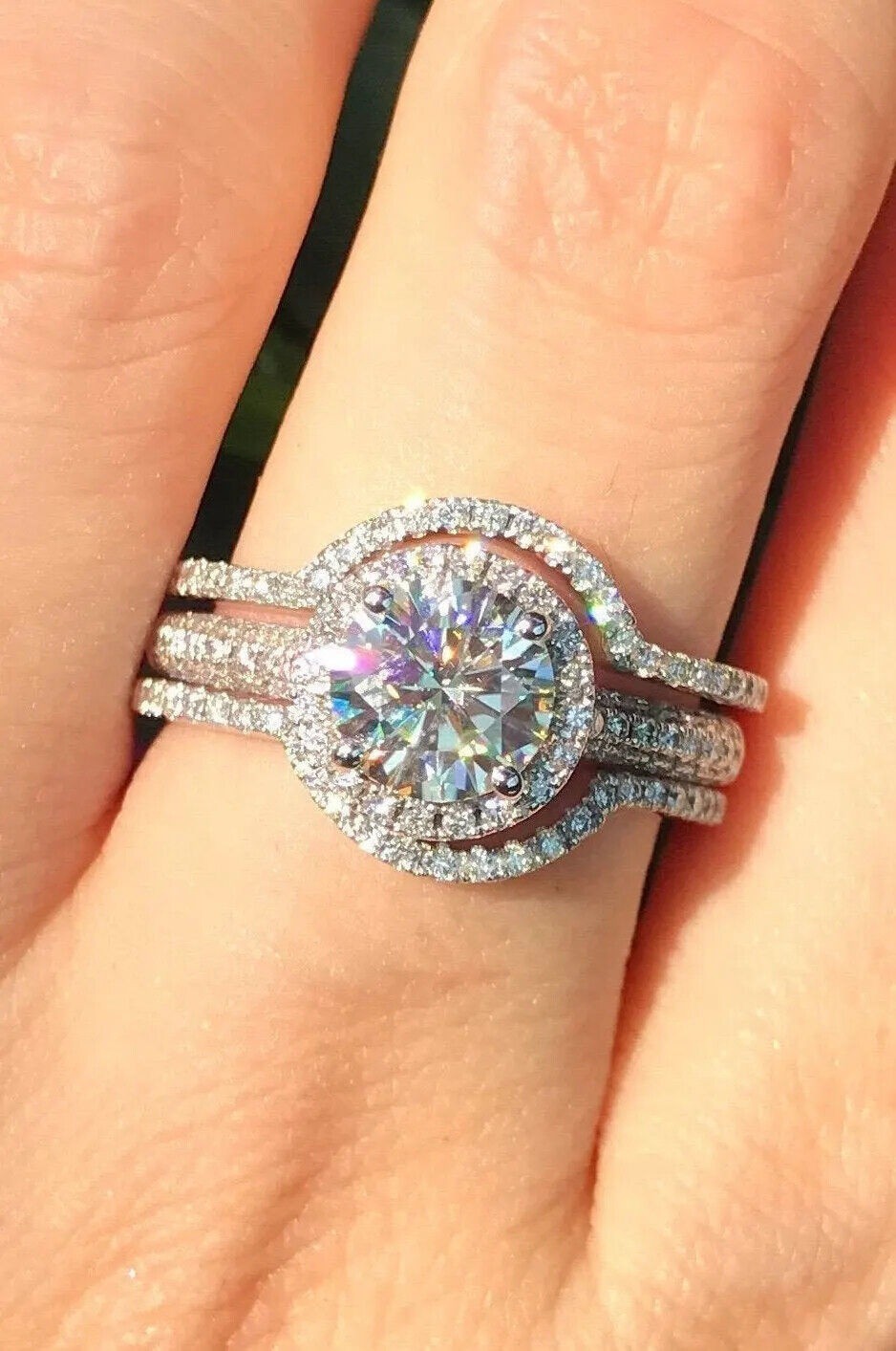 Lab-Created Round Cut 1.85 Ct Diamond Engagement Ring Set 925 Sterling Silver