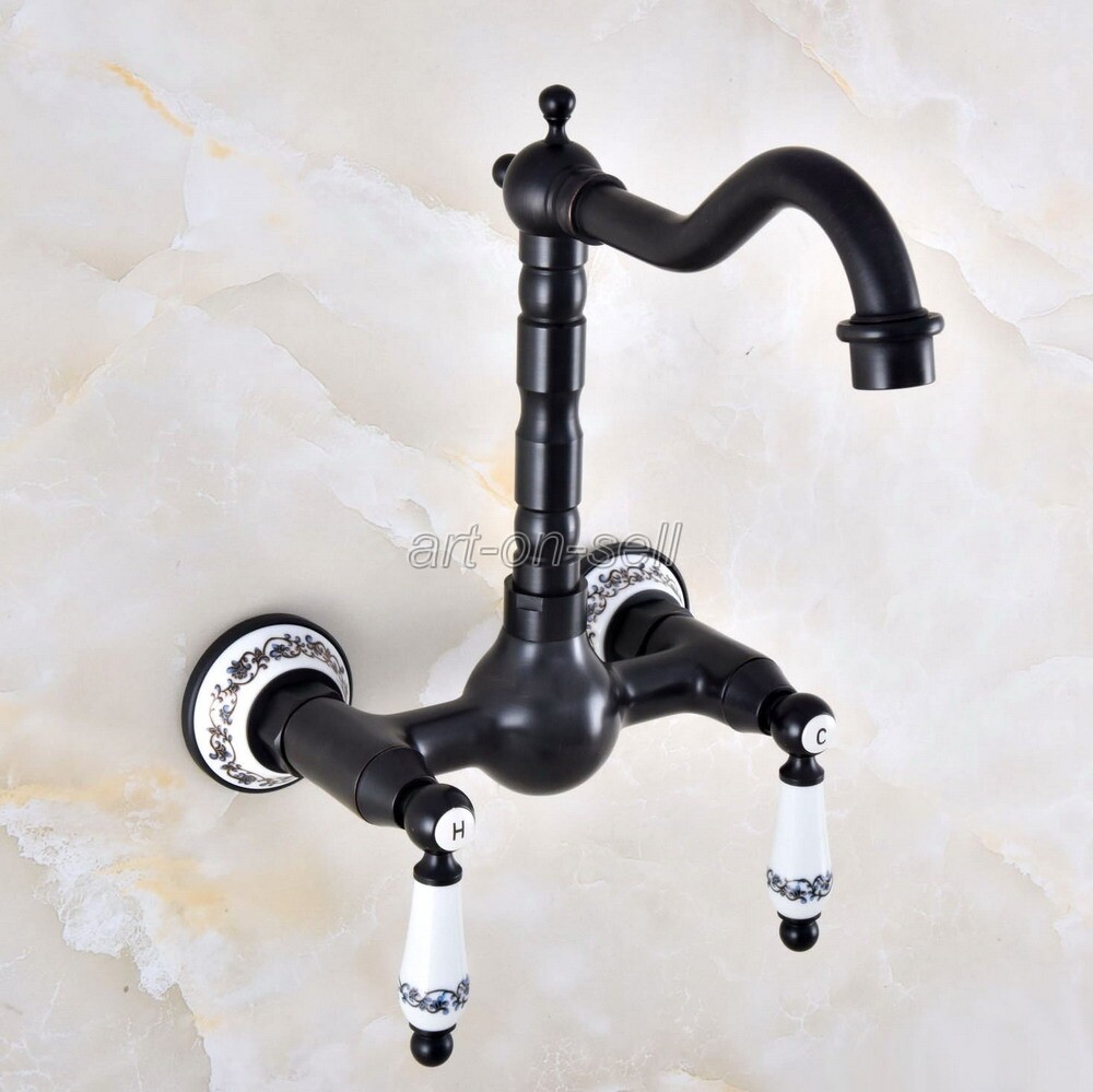 Oil Rubbed Bronze Kitchen Sink Faucet Ceramic Handles Mixer Tap Wall Mounted