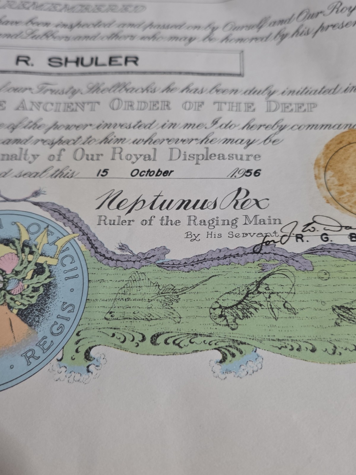 U.S.N.: "Shellback": 15 x 20, Certificate (Personalized) 1943