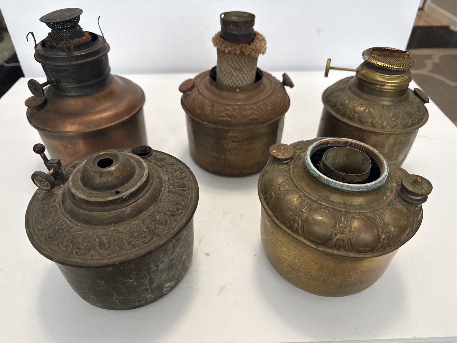 Antique Kerosene Oil lamp brass font lot of 5 parts repair