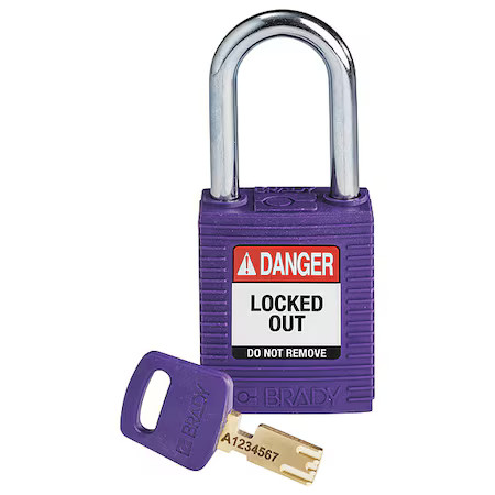 Brady Nyl-Prp-38St-Kd Lockout Padlock, Keyed Different, Nylon, Purple, 1 1/2 In