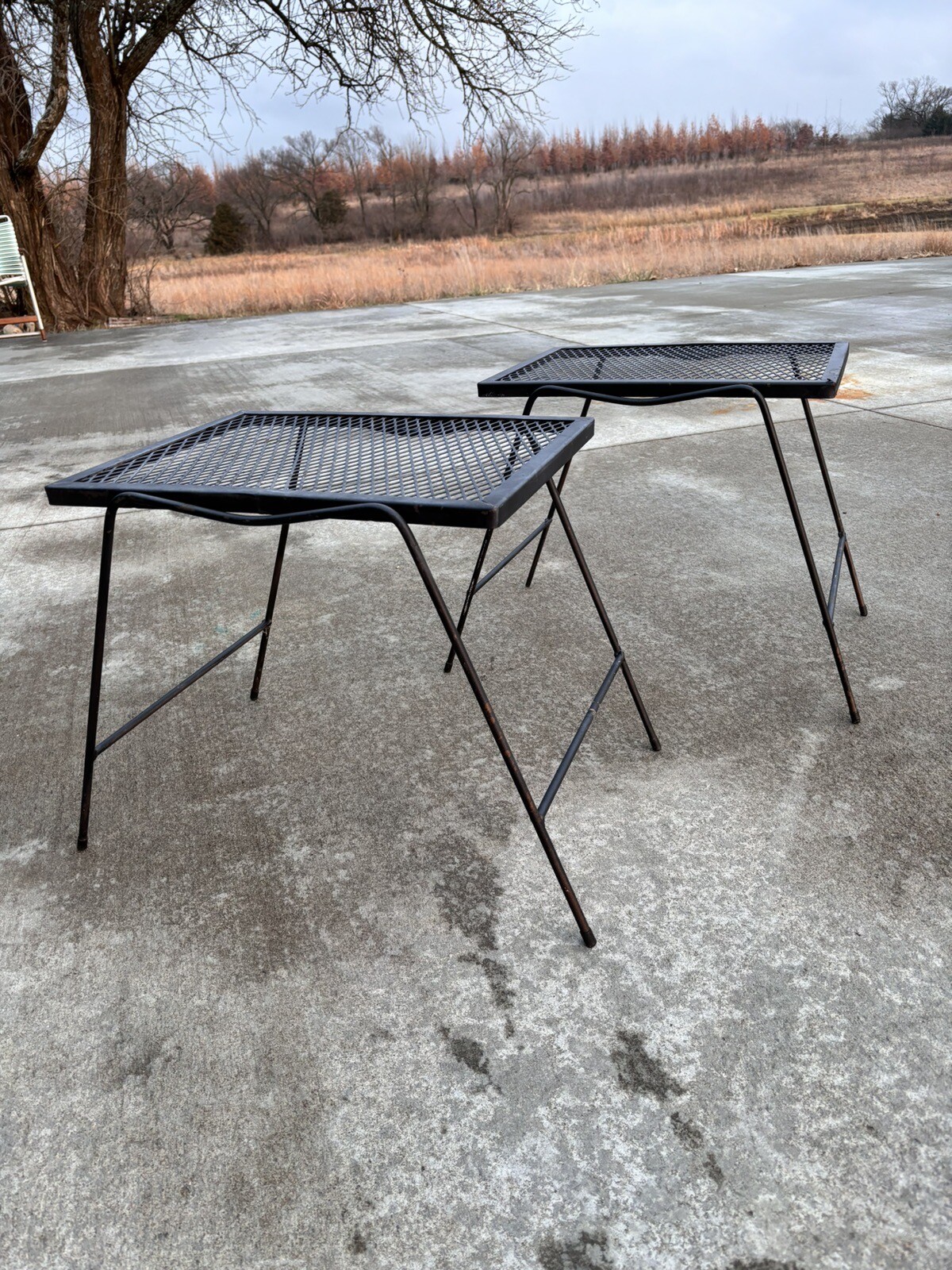 Vintage Pair of Mid Century Modern Black Wrought Iron Patio Tables Woodard Style