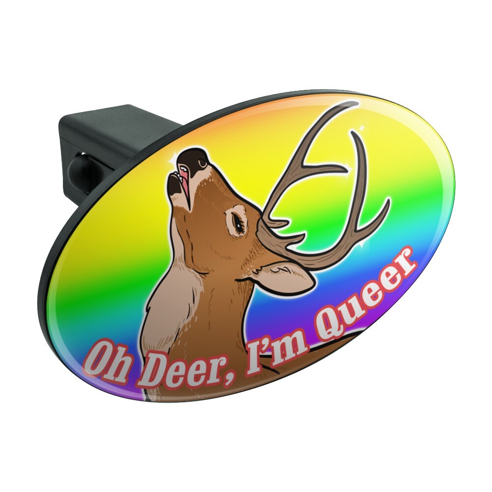 Oh Deer I'm Queer Rainbow Pride Gay Oval Tow Trailer Hitch Cover Plug Insert