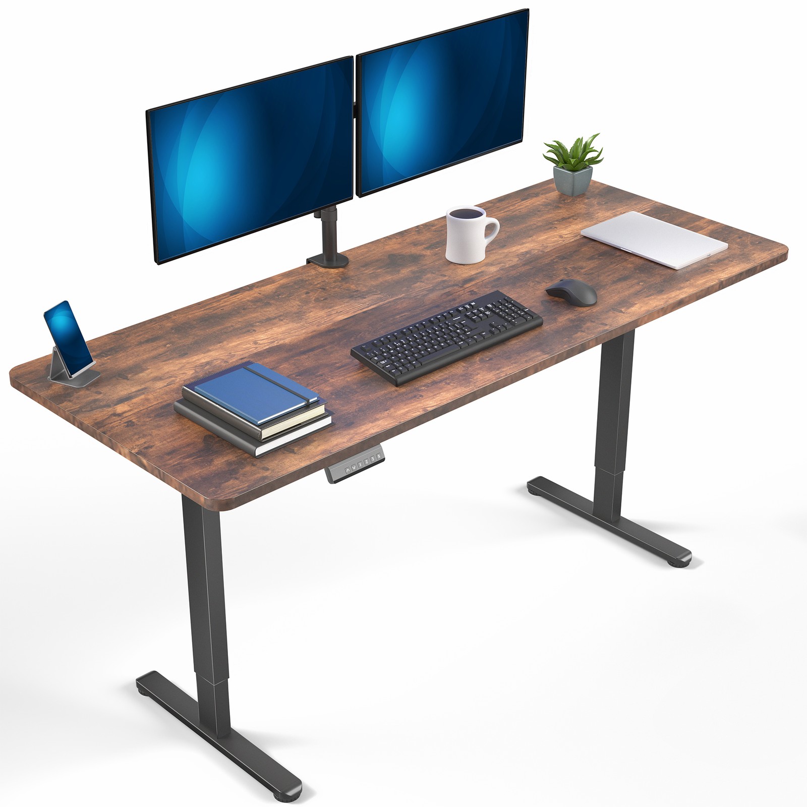 VIVO Dual Motor 71” x 30” Standing Desk, 1-Piece Vintage Brown Top, Black Frame