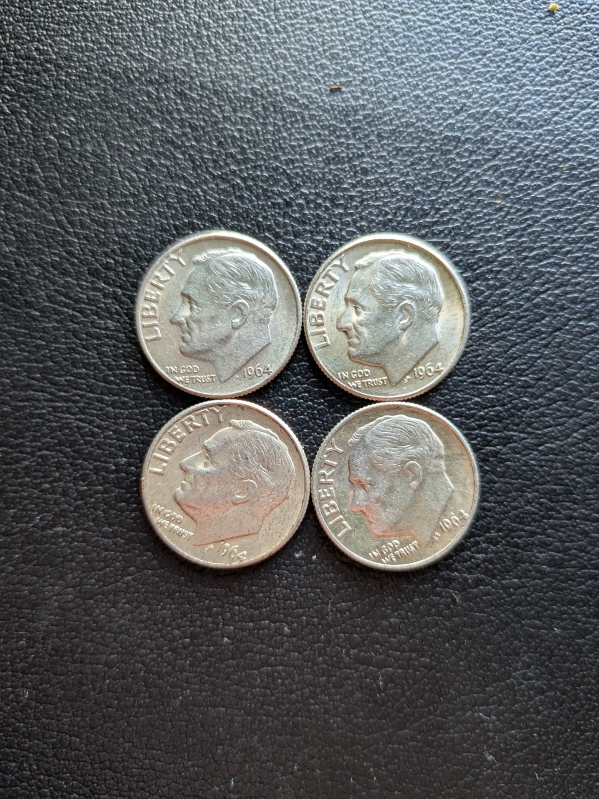 Roosevelt Dimes 1964 D - Lot of  Four (4) 90% Silver, Circulated, Ungraded