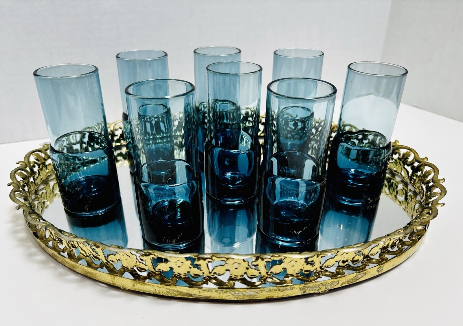 Set of 8 Mid Century Scandinavian Hand Blown Smoky Blue-Gray Shot Glasses