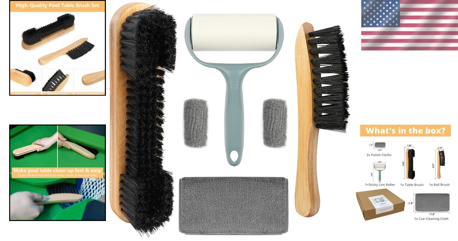 Pool Table Cleaner Set with Wooden Brushes & Cloth