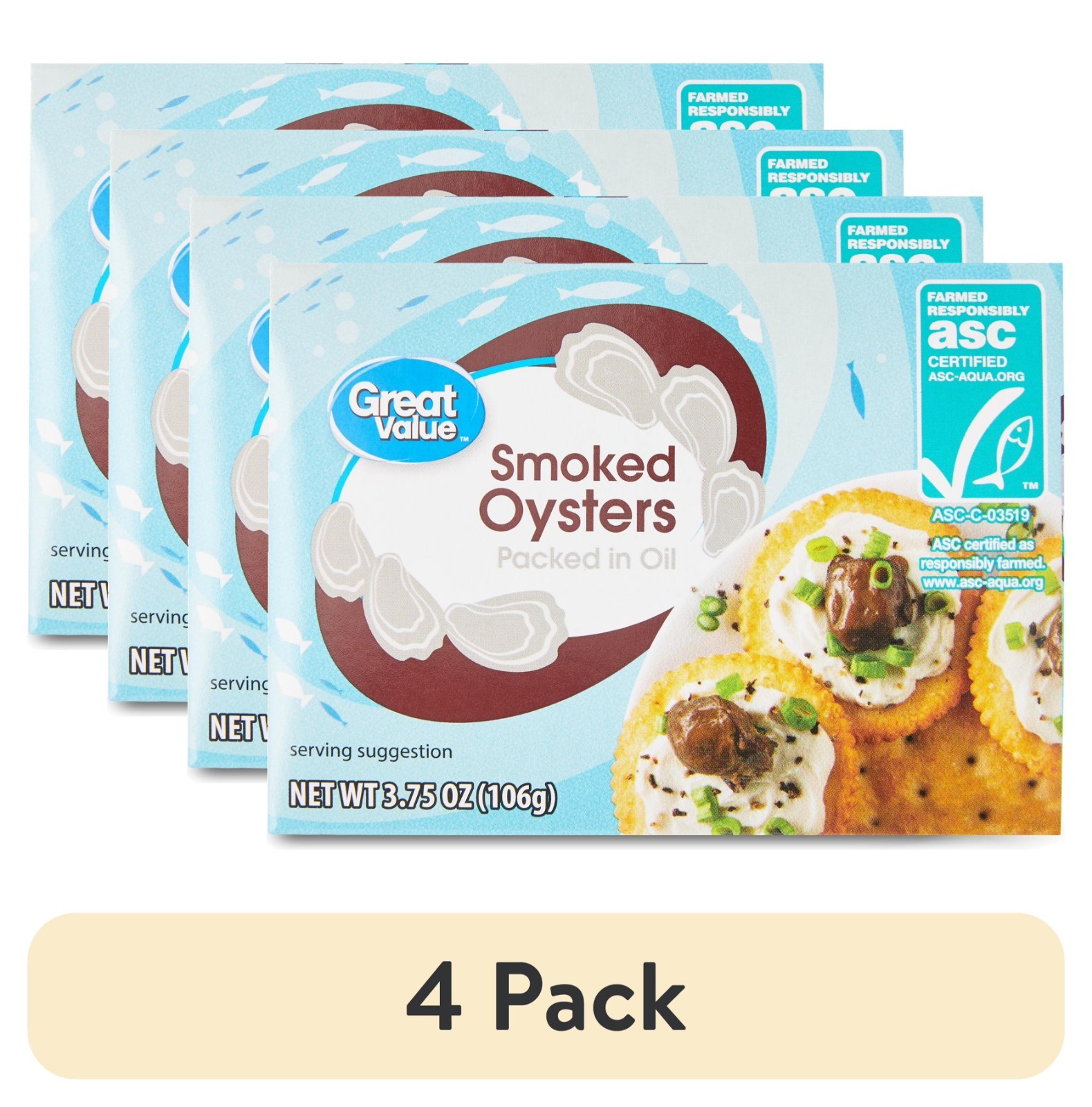 (4 pack) Great Value Smoked Oysters, 3.75 oz Can...