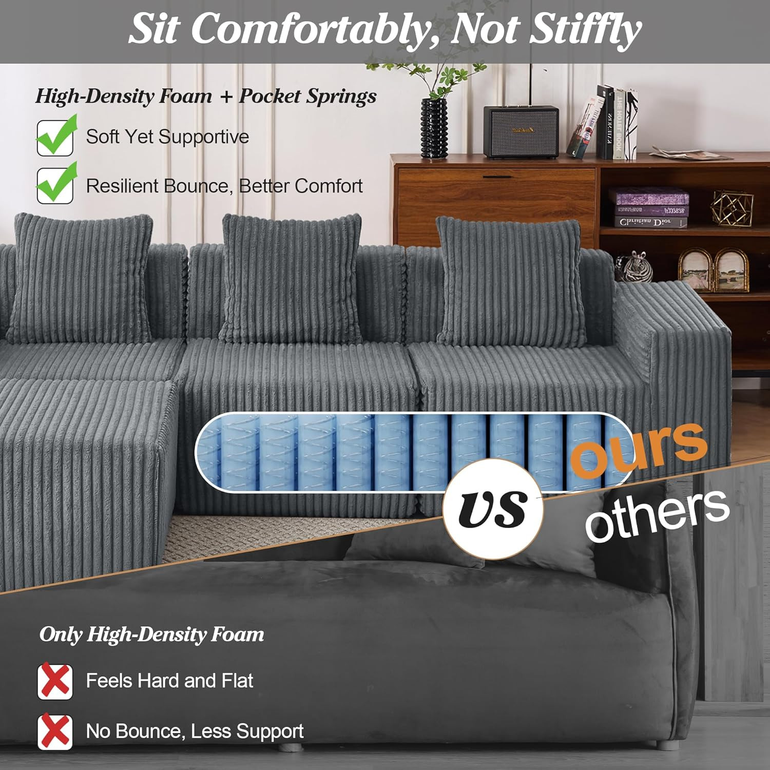 Dark Gray Modular L-Shaped Sofa with Chaise & Memory Foam, 101