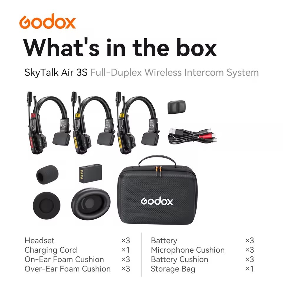 Godox SkyTalk Air 3S 2.4g Full-Duplex Wireless Intercom Headset System 3-Person
