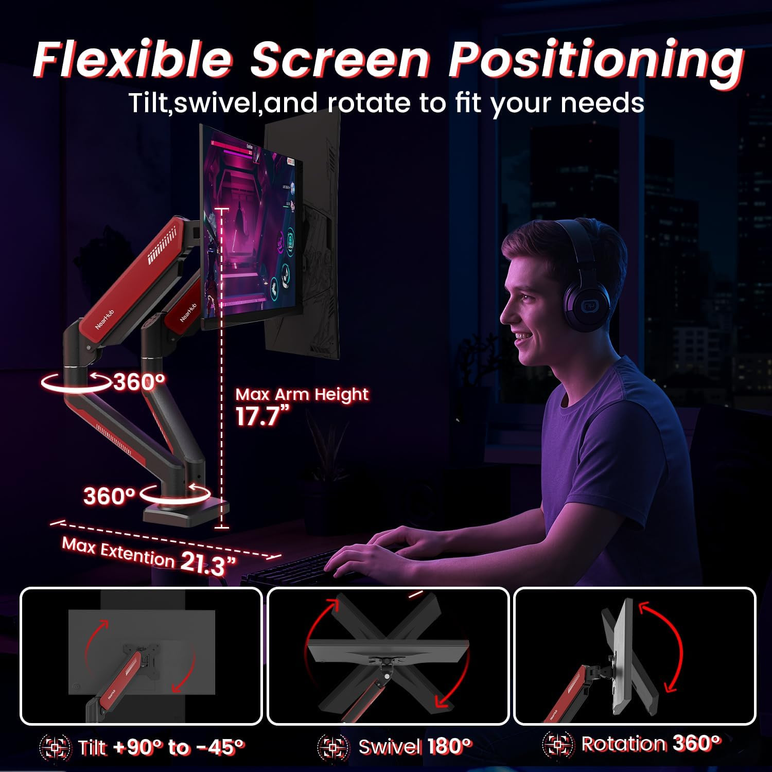 Red Dual Monitor Mount for 13-32" Screens, 360° Rotation, VESA Compatible