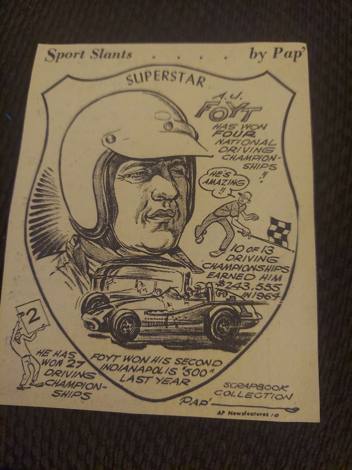 AJ Foyt Sport Slants Original Sports DrAwing By Pap NewsPaper Clipping 1965