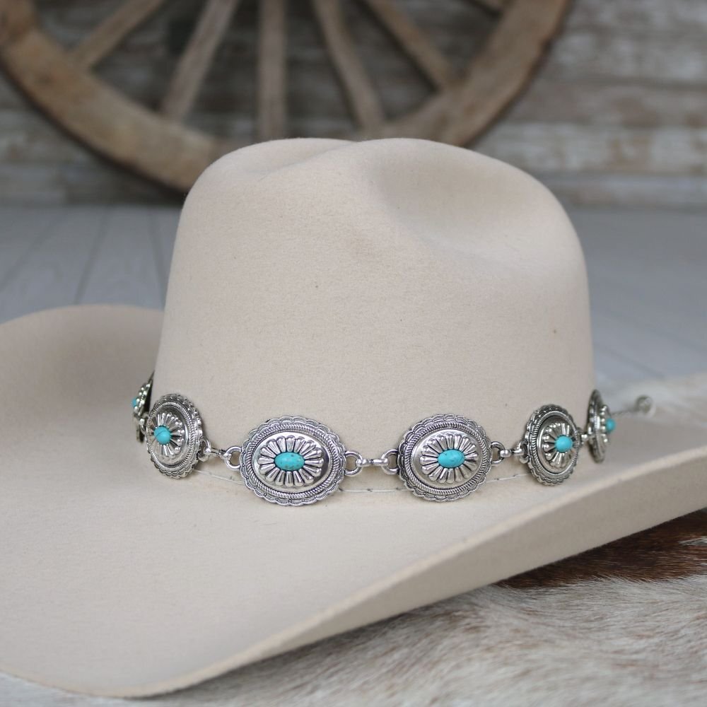 Silver Concho Hat Band Turquoise Stone for Cowboy Hats