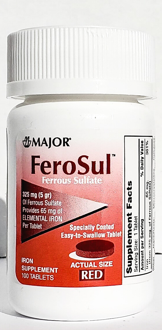 Major FeroSul (Ferrous Sulfate) 325 mg 100ct  - Exp Date 08-2028