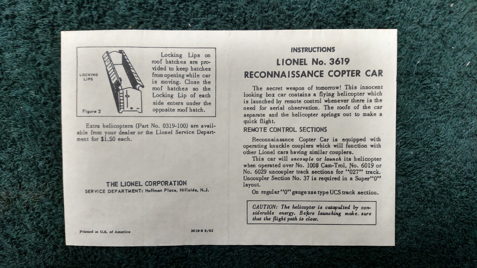 LIONEL # 3619 RECONNAISSANCE COPTER CAR INSTRUCTIONS PHOTOCOPY