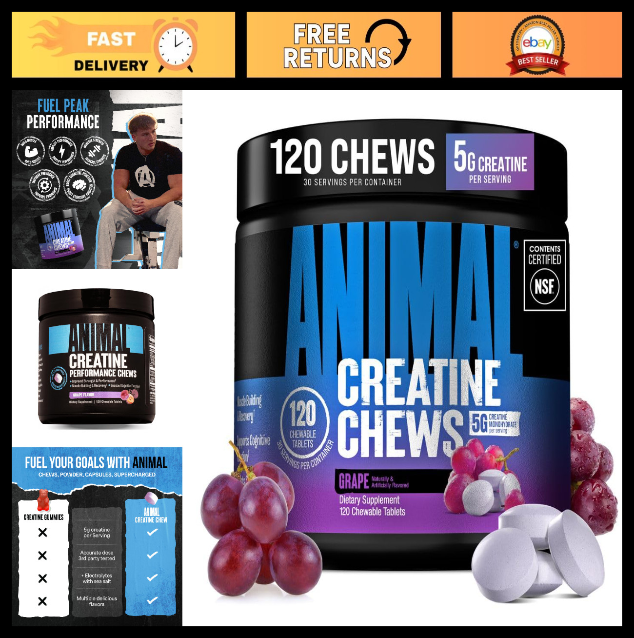 Creatine Chews 5g - Monohydrate Tablets for Strength, Power & Recovery - 120 Cou