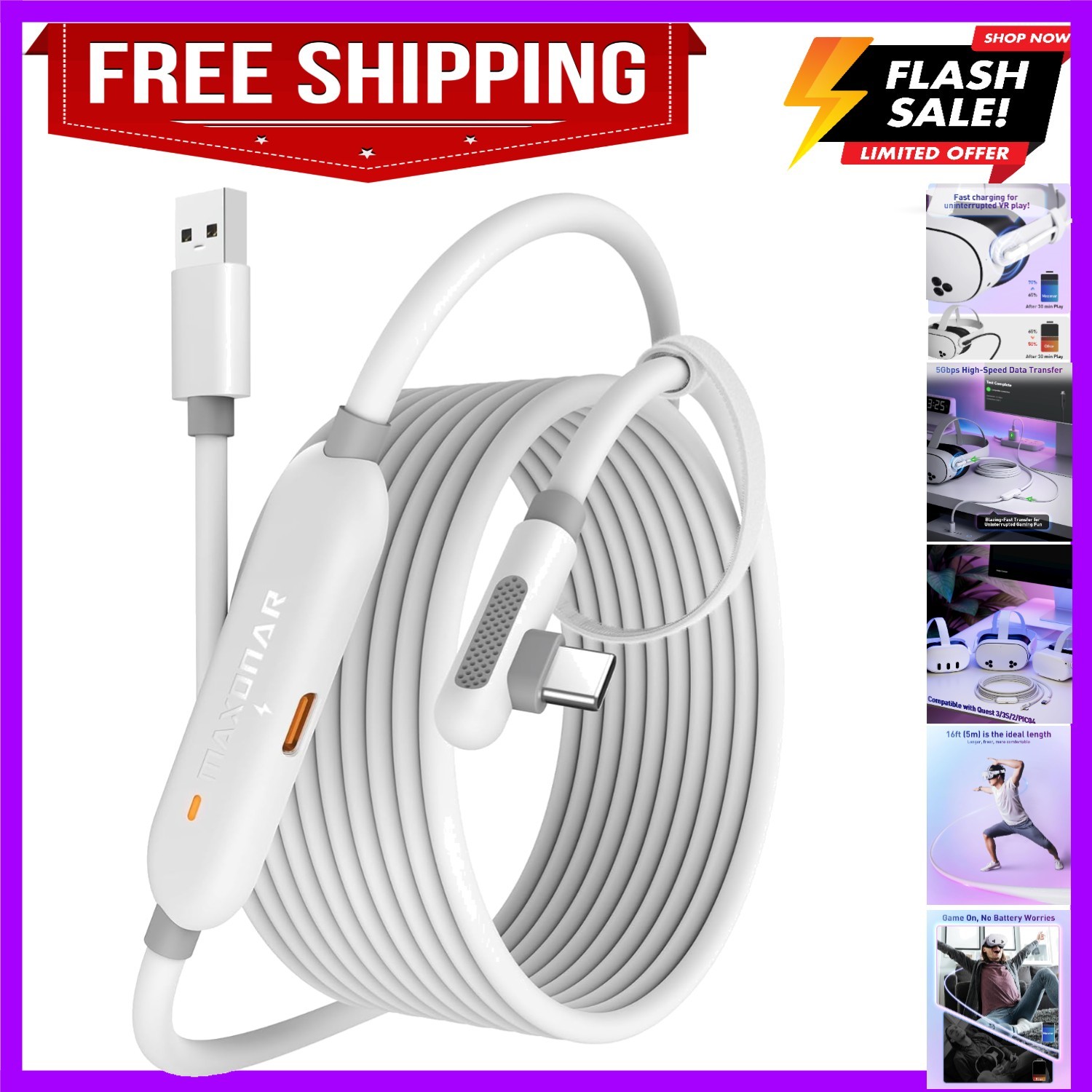 VR Charging Link Cable 16FT Next-Gen Chip Compatible with Meta Quest 3S/Quest...