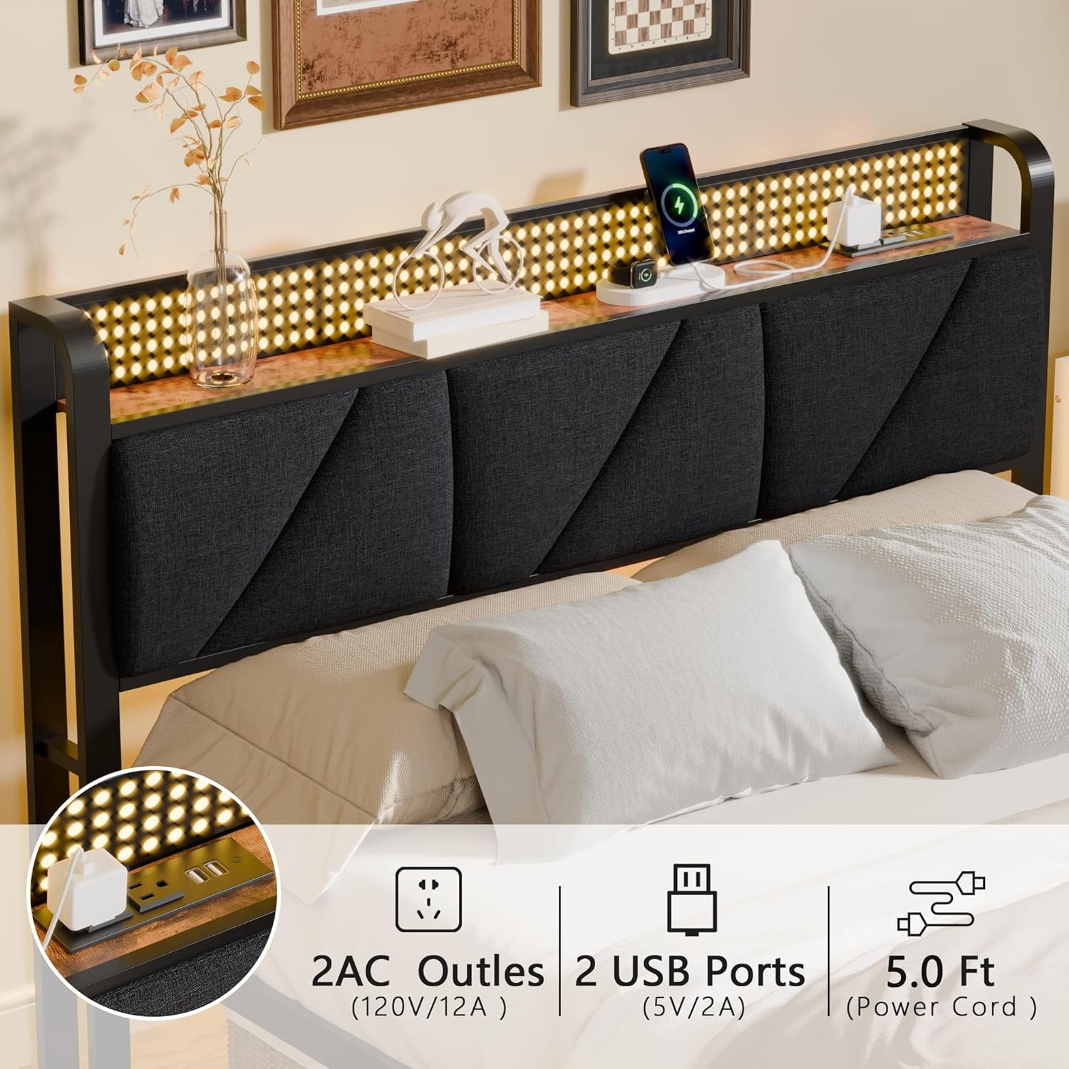 Full Size Bed Fre with Headboard and Stora Shelf, LED Light