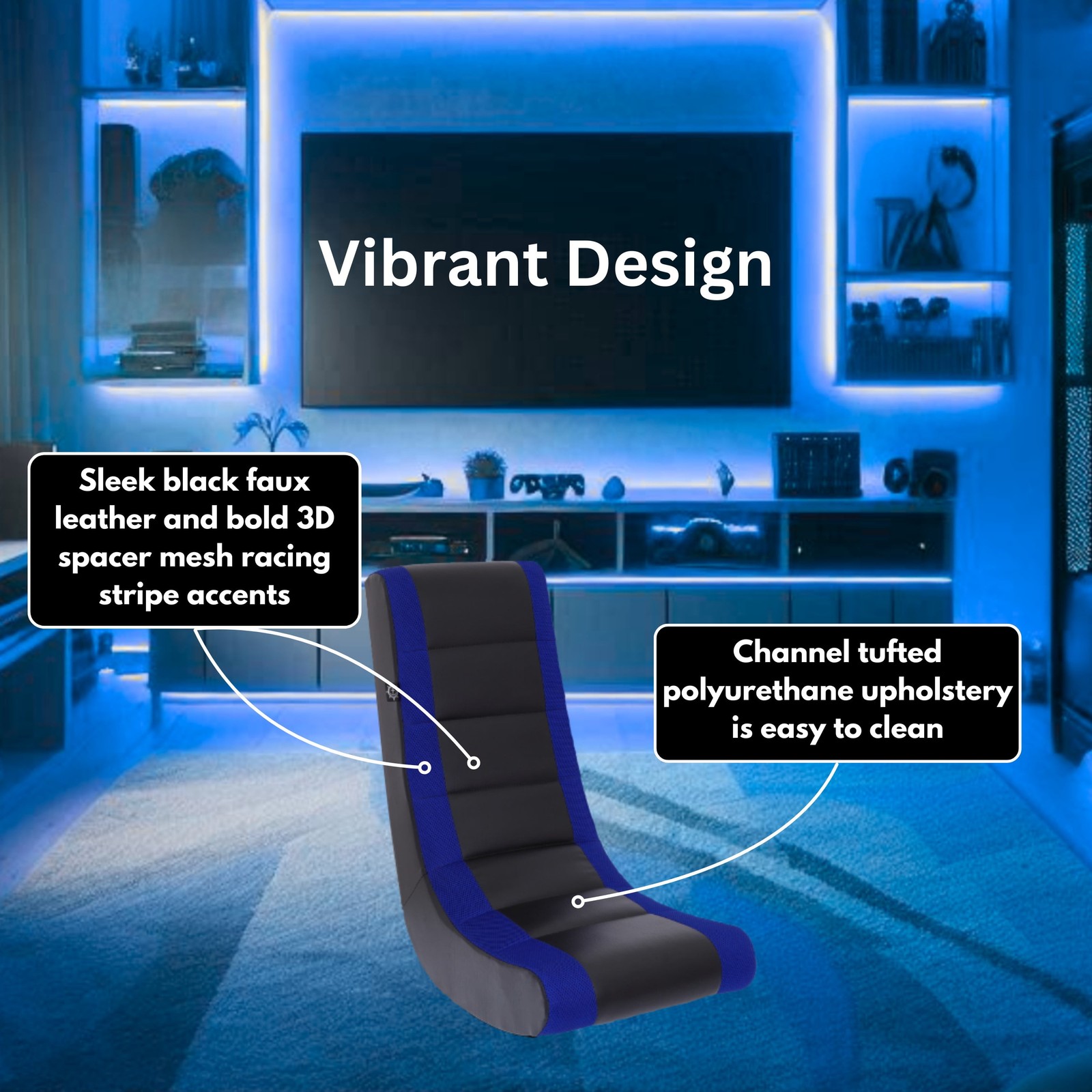 ROCKER GAMING CHAIR PU Faux Leather Mesh Racing Stripe Blue THE CREW FURNITURE
