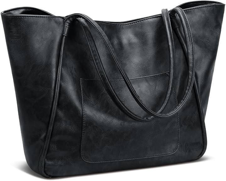 Large Leather Tote Bag for Women - Zipper Travel Purse - Black