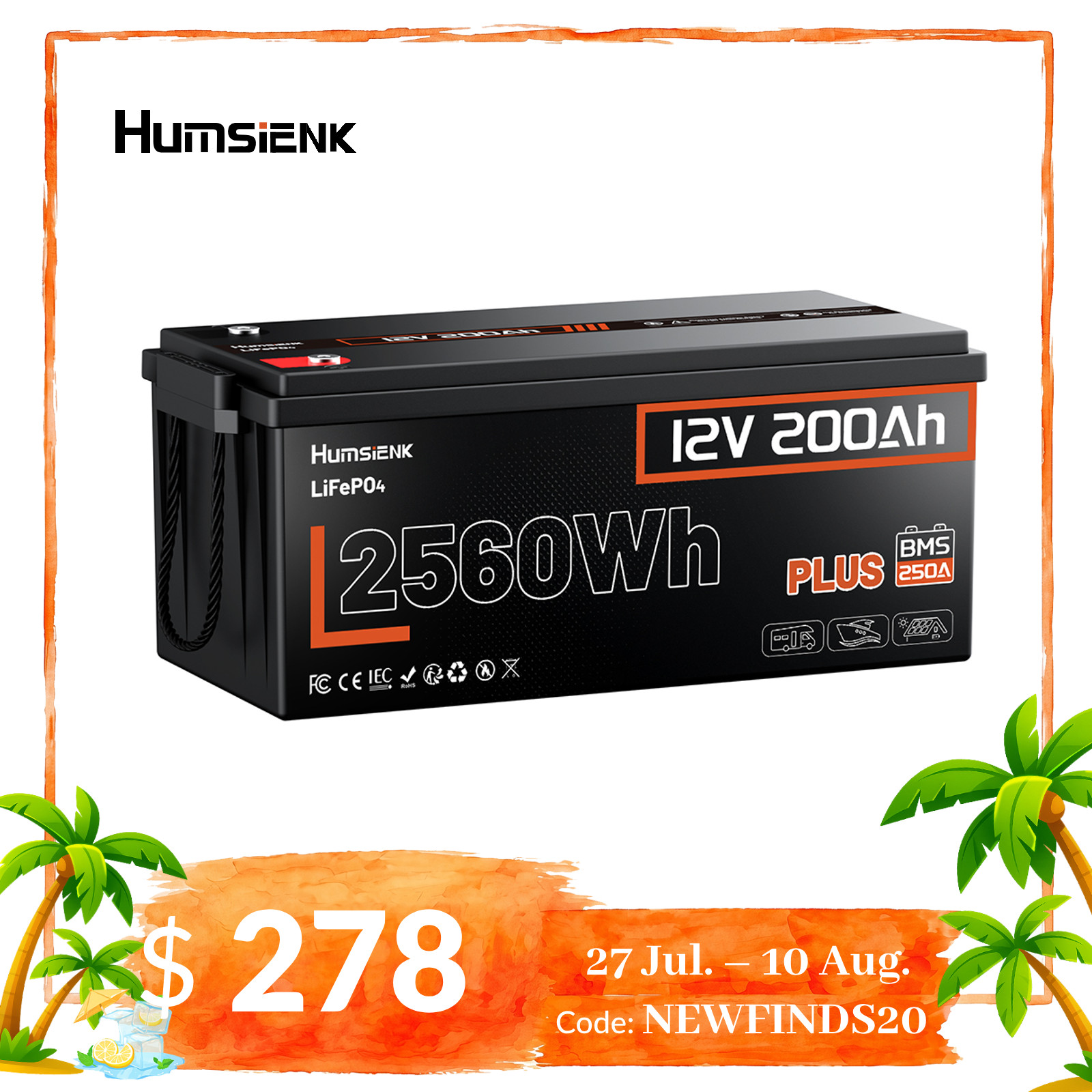Humsienk 12V 200Ah Plus Lithium LiFePO4 Battery 250A BMS for RV Off-Grid Solar