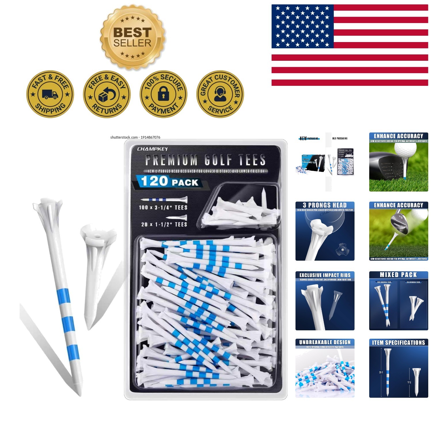 High Stability 3-1/4” Golf Tees by CHAHMPKEY - 120 Pack with Reduced Friction